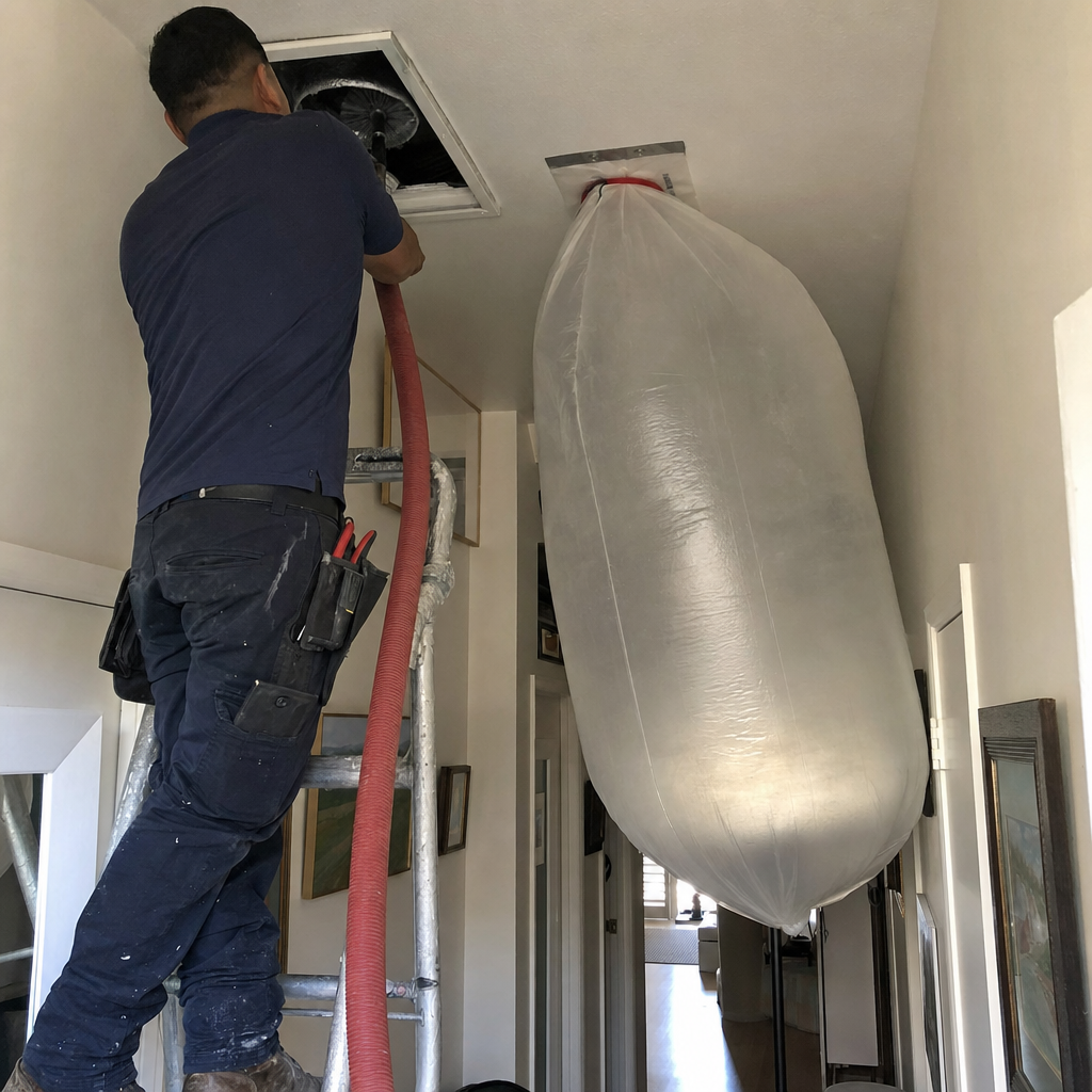 Air duct cleaning technician using hose, large collection bag on ceiling duct