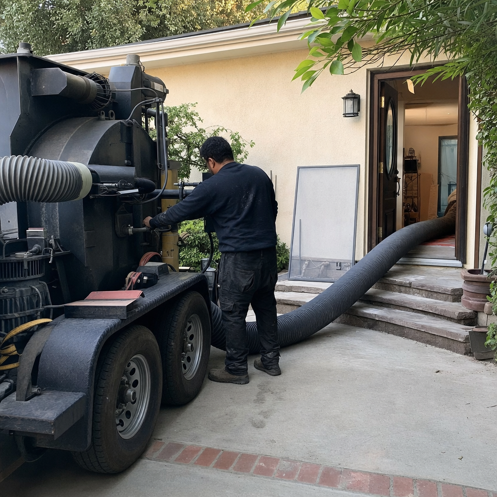 Technician performing air duct cleaning with a large machine and hose