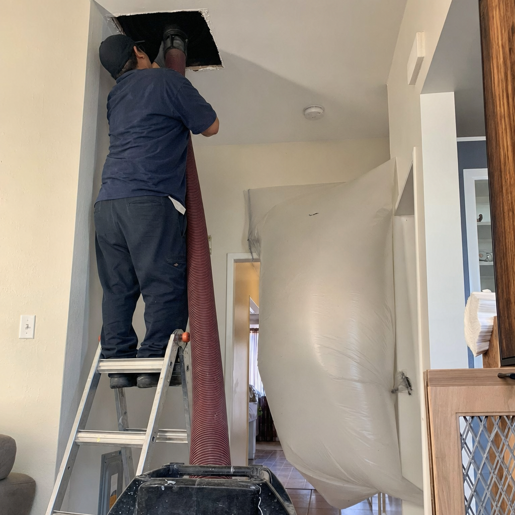 Air duct cleaning professional using hose on ladder