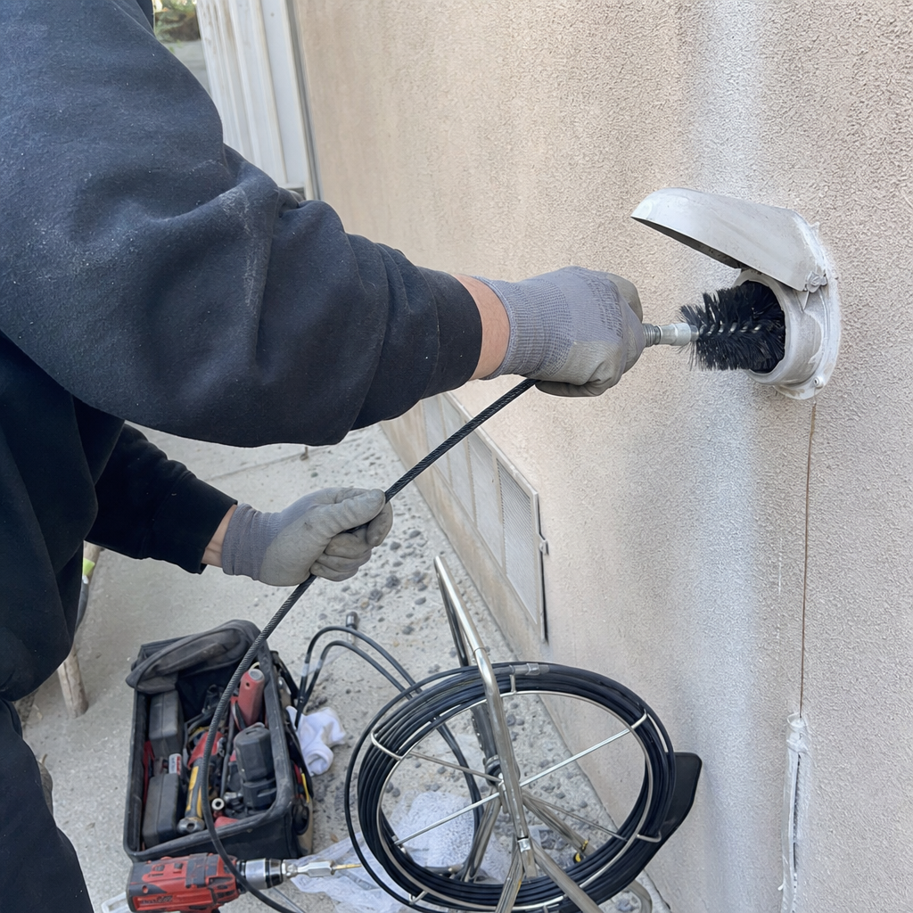 Dryer vent cleaning with a brush and cable