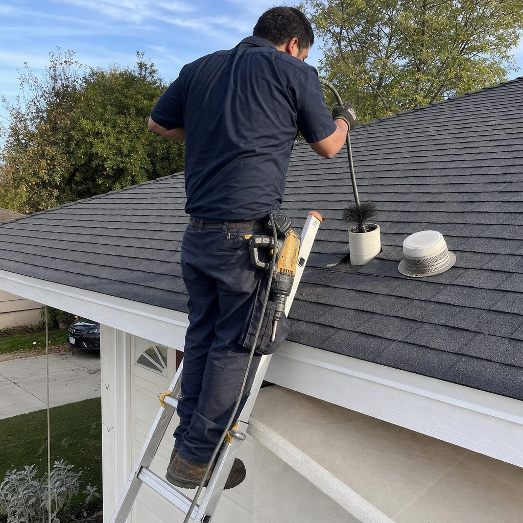 Professional dryer vent cleaning on a roof