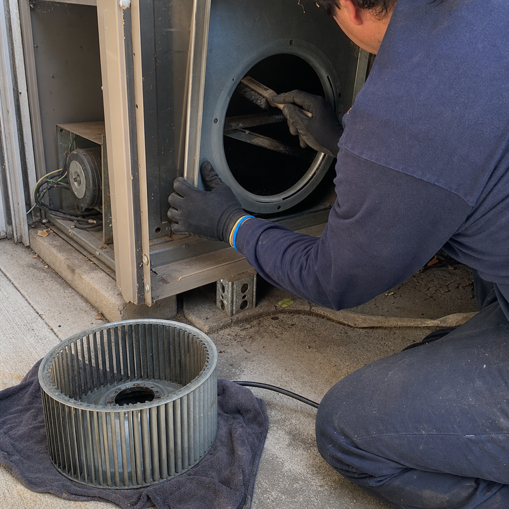 HVAC cleaning, technician cleans air conditioning unit with brush