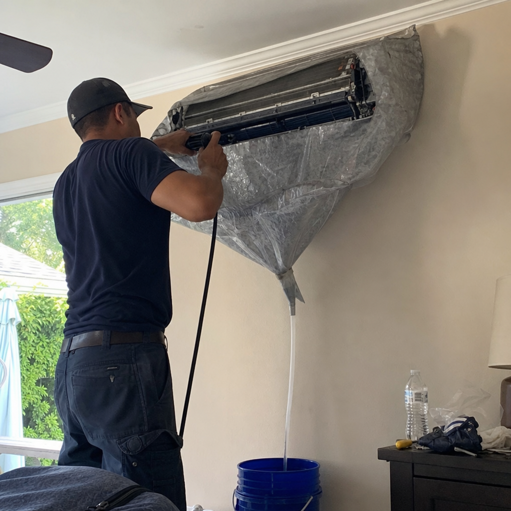 HVAC cleaning service professional washing air conditioner unit
