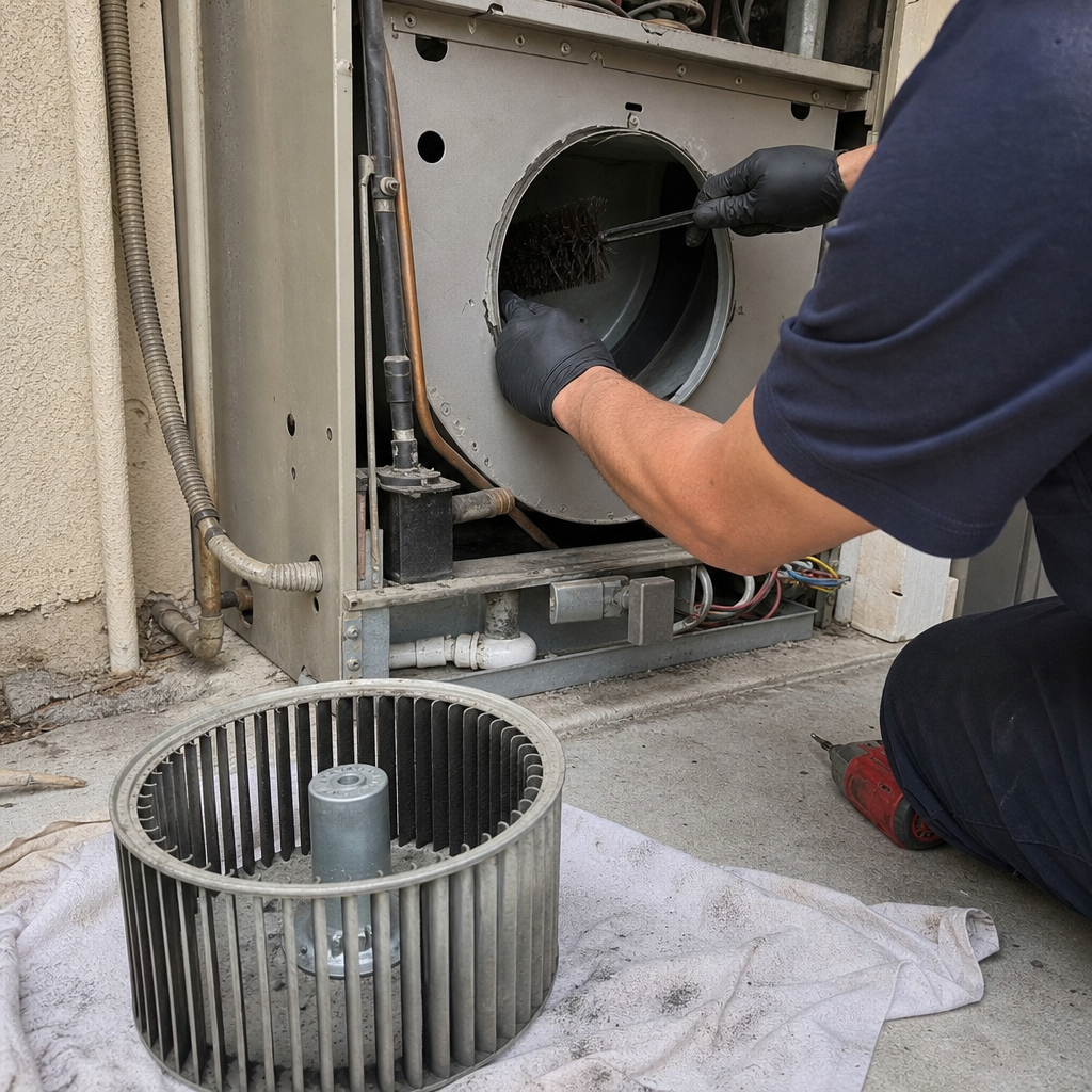 HVAC cleaning technician brushes dirt from blower wheel housing