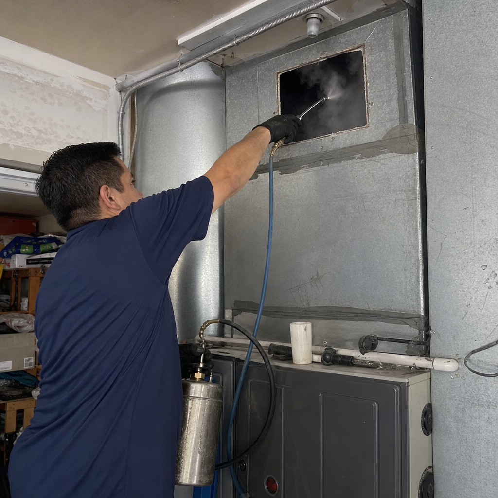 Air duct cleaning technician sanitizing air duct for air quality in North Hollywood, CA
