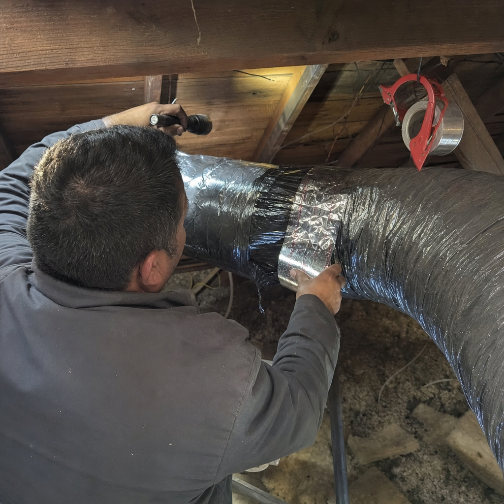 Technician repairs flexible air duct with silver tape and flashlight in North Hollywood, CA